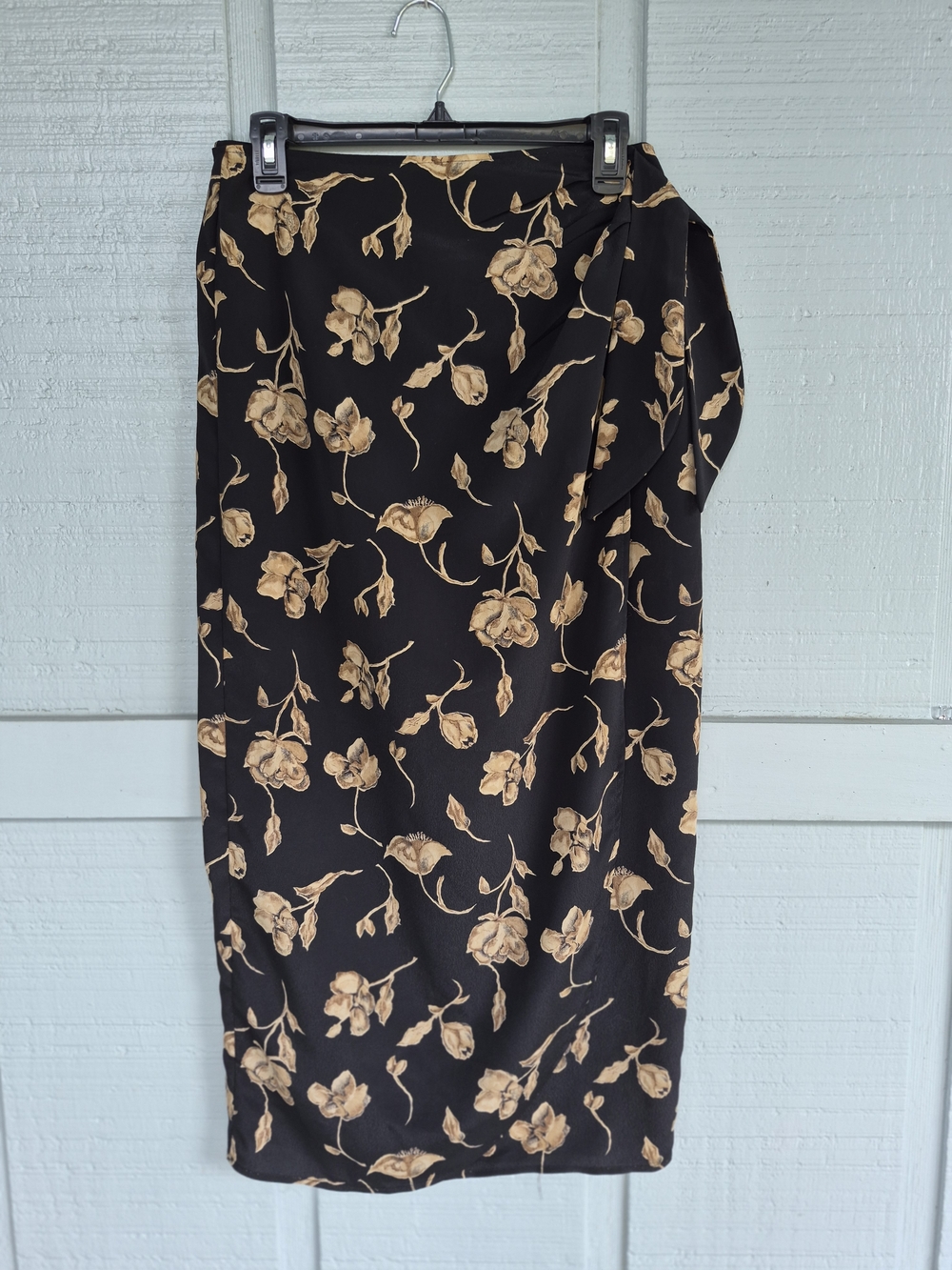Vtg Black Pencil Wrap Maxi Skirt with Tan Floral Print Side Tie 11/12 Whimsygoth
